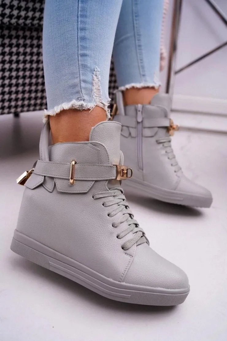 Boto Sneakersy Damskie*Sneakersy Damskie Na Koturnie Złota Kłódka Szare Tersey
