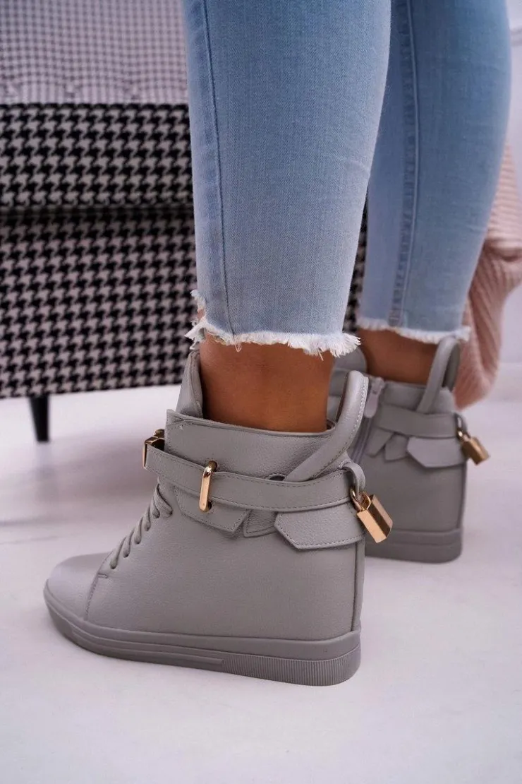 Boto Sneakersy Damskie*Sneakersy Damskie Na Koturnie Złota Kłódka Szare Tersey