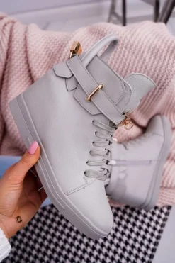 Boto Sneakersy Damskie*Sneakersy Damskie Na Koturnie Złota Kłódka Szare Tersey