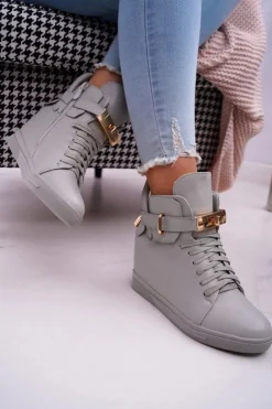 Boto Sneakersy Damskie*Sneakersy Damskie Na Koturnie Złota Kłódka Szare Tersey