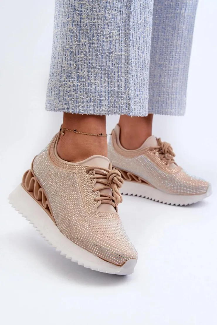 Damskie Damskie buty S.Barski Sneakersy Damskie Na Koturnie Zdobione Cyrkoniami D&A MR38-377 Beżowe