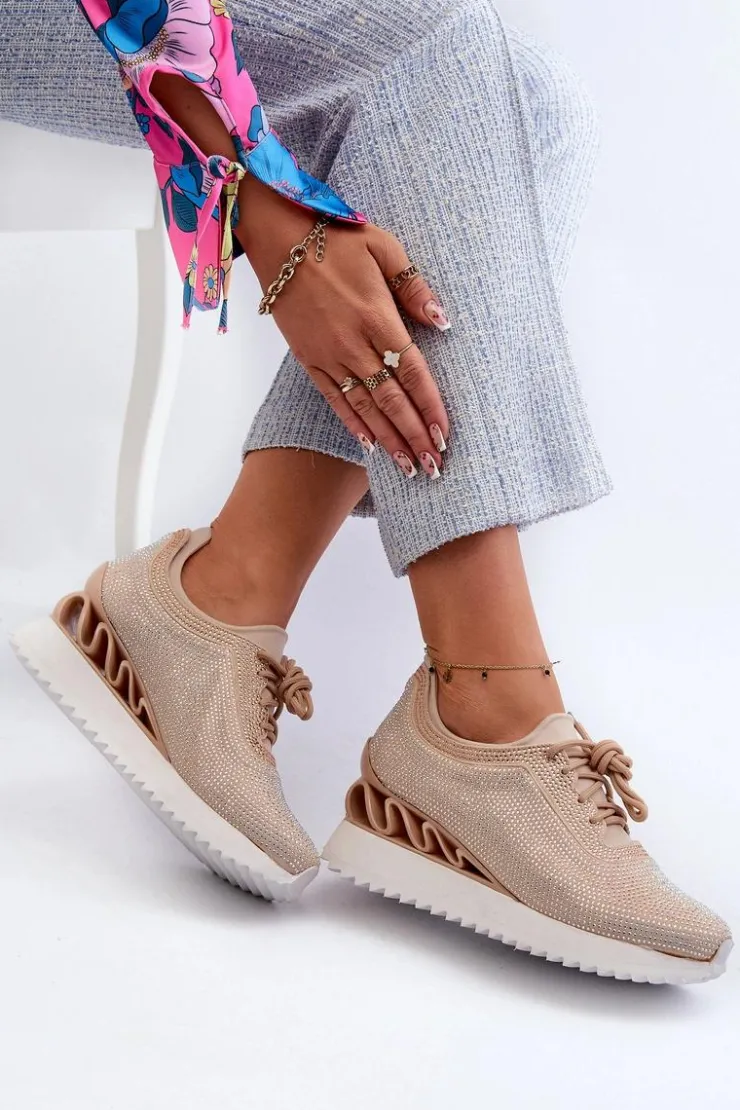 Damskie Damskie buty S.Barski Sneakersy Damskie Na Koturnie Zdobione Cyrkoniami D&A MR38-377 Beżowe