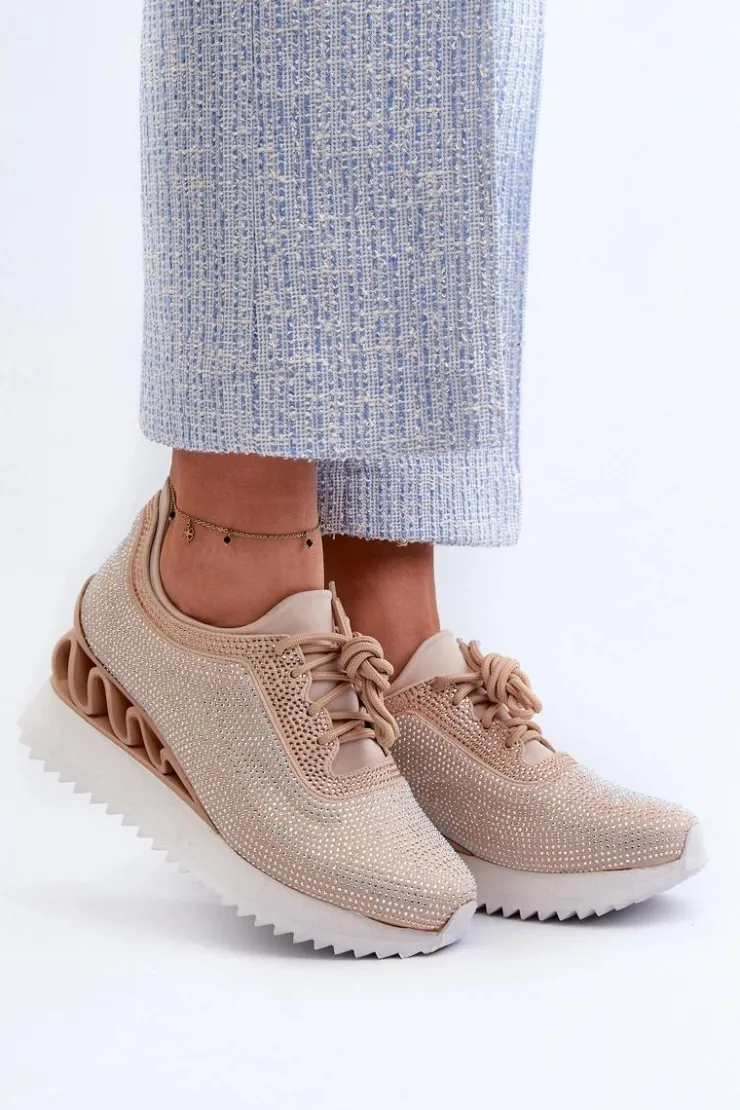 Damskie Damskie buty S.Barski Sneakersy Damskie Na Koturnie Zdobione Cyrkoniami D&A MR38-377 Beżowe