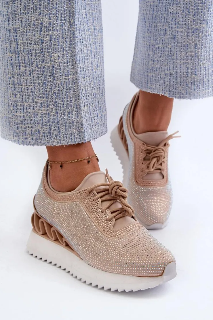 Damskie Damskie buty S.Barski Sneakersy Damskie Na Koturnie Zdobione Cyrkoniami D&A MR38-377 Beżowe