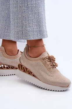 Damskie Damskie buty S.Barski Sneakersy Damskie Na Koturnie Zdobione Cyrkoniami D&A MR38-377 Beżowe