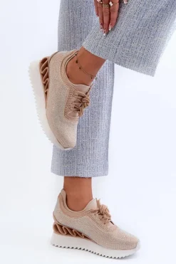 Damskie Damskie buty S.Barski Sneakersy Damskie Na Koturnie Zdobione Cyrkoniami D&A MR38-377 Beżowe