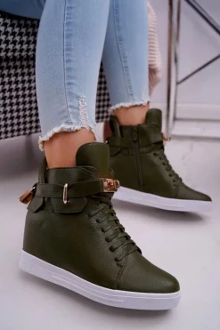 Damskie Boto Sneakersy Damskie Na Koturnie Złota Kłódka Oliwkowe Tersey