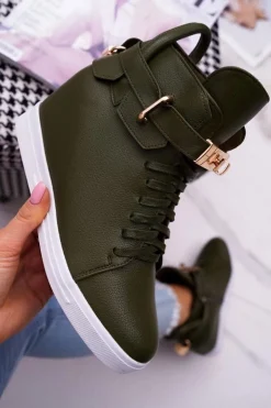 Damskie Boto Sneakersy Damskie Na Koturnie Złota Kłódka Oliwkowe Tersey