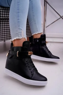 Boto Sneakersy Damskie Na Koturnie Złota Kłódka Czarne Tersey