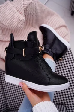 Boto Sneakersy Damskie Na Koturnie Złota Kłódka Czarne Tersey