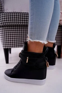 Boto Sneakersy Damskie Na Koturnie Złota Kłódka Czarne Tersey