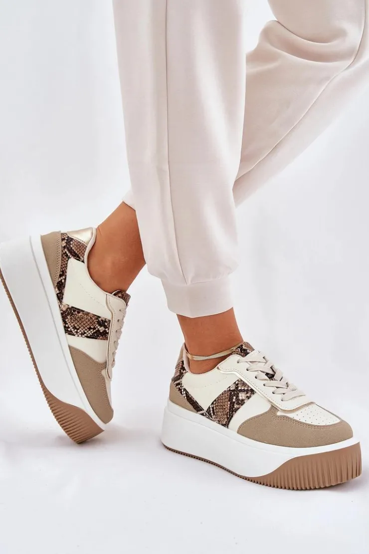 Boto Buty Sportowe Na Platformie|Sneakersy Damskie*Sneakersy Damskie Na Masywnej Platformie Zwierzęcy Wzór Beżowe Telanila Beżowy