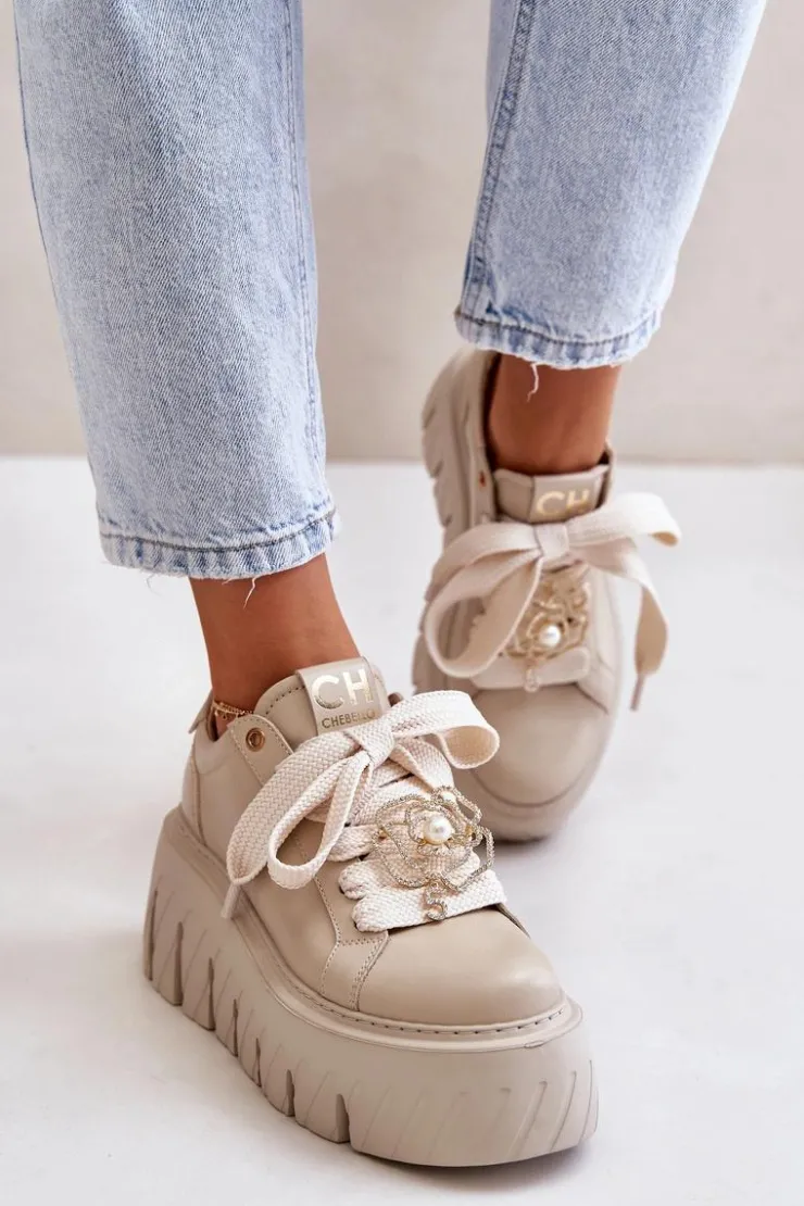 Clearance CheBello Sneakersy Damskie Na Masywnej Podeszwie Ze Złotą Ozdobą 4530 Beżowe Beżowy