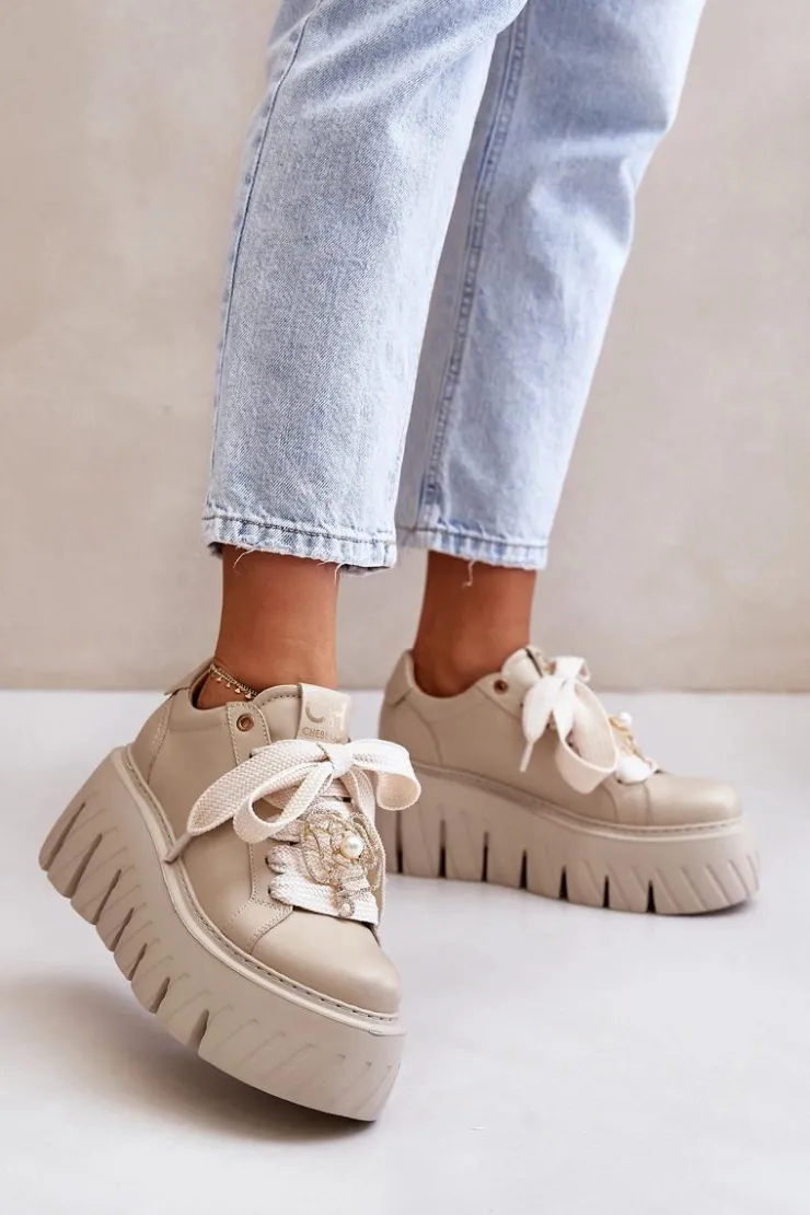 Clearance CheBello Sneakersy Damskie Na Masywnej Podeszwie Ze Złotą Ozdobą 4530 Beżowe Beżowy