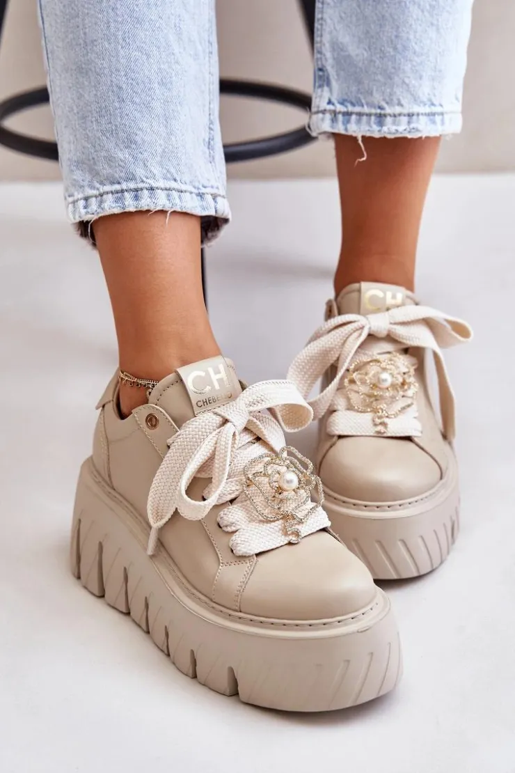 Clearance CheBello Sneakersy Damskie Na Masywnej Podeszwie Ze Złotą Ozdobą 4530 Beżowe Beżowy