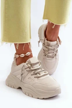 Boto Sneakersy Damskie*Sneakersy Damskie Na Masywnej Podeszwie Z Ozdobnym Sznurowaniem Beżowe Relissa Beżowy