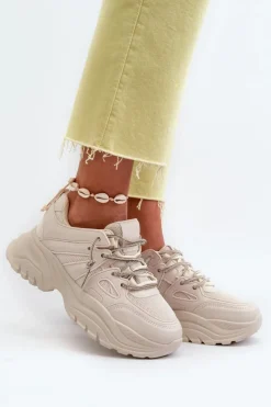 Boto Sneakersy Damskie*Sneakersy Damskie Na Masywnej Podeszwie Z Ozdobnym Sznurowaniem Beżowe Relissa Beżowy