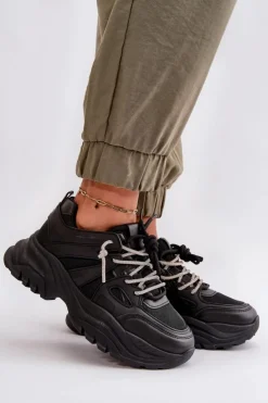 Online Boto Sneakersy Damskie Na Masywnej Podeszwie Z Ozdobnym Sznurowaniem Czarne Relissa
