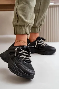 Online Boto Sneakersy Damskie Na Masywnej Podeszwie Z Ozdobnym Sznurowaniem Czarne Relissa