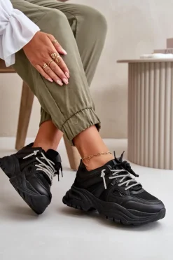 Online Boto Sneakersy Damskie Na Masywnej Podeszwie Z Ozdobnym Sznurowaniem Czarne Relissa