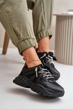 Online Boto Sneakersy Damskie Na Masywnej Podeszwie Z Ozdobnym Sznurowaniem Czarne Relissa