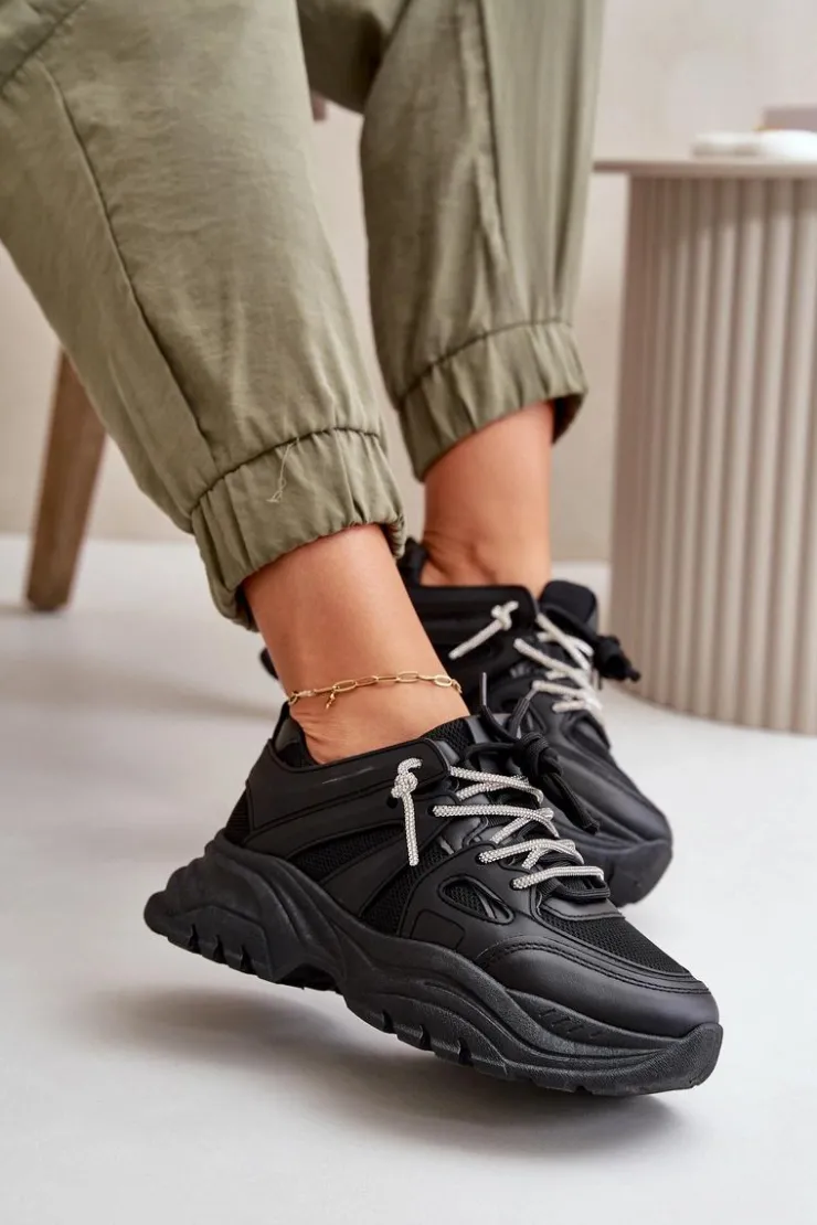 Online Boto Sneakersy Damskie Na Masywnej Podeszwie Z Ozdobnym Sznurowaniem Czarne Relissa