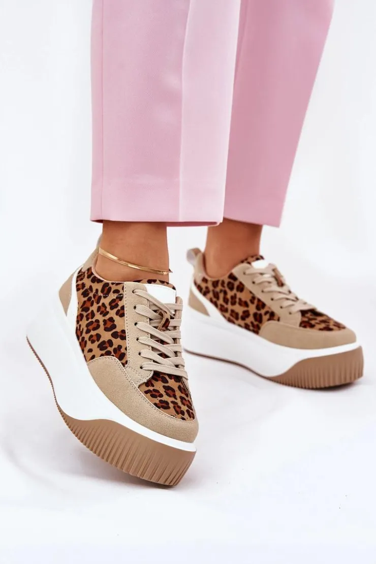 Sale Boto Sneakersy Damskie Na Masywnej Platformie Panterka Beżowe Tamorniel Beżowy