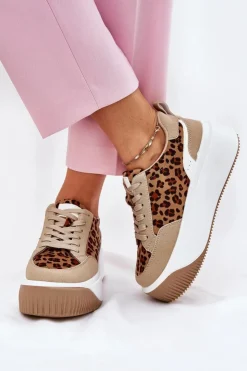 Sale Boto Sneakersy Damskie Na Masywnej Platformie Panterka Beżowe Tamorniel Beżowy