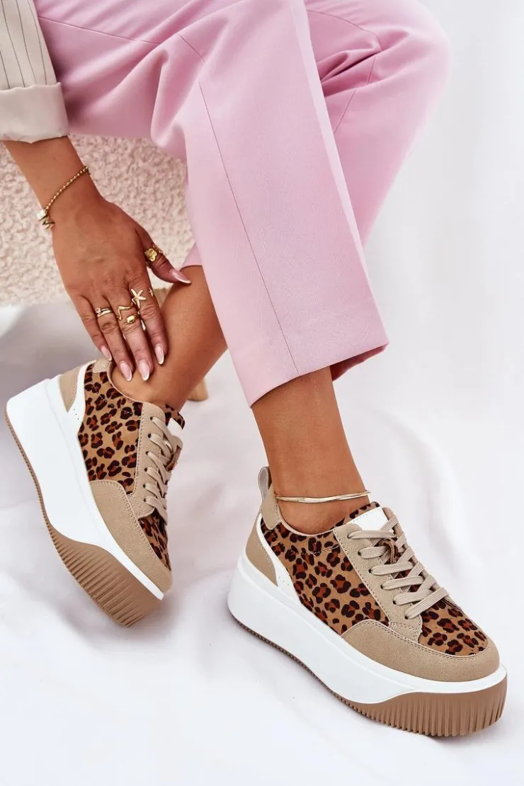 Sale Boto Sneakersy Damskie Na Masywnej Platformie Panterka Beżowe Tamorniel Beżowy