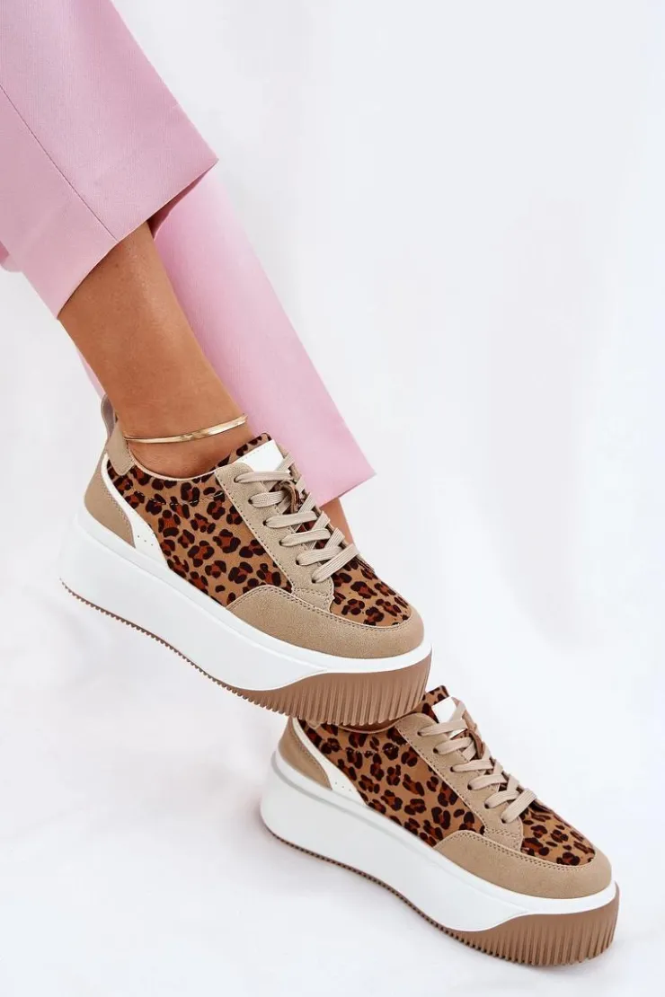 Sale Boto Sneakersy Damskie Na Masywnej Platformie Panterka Beżowe Tamorniel Beżowy