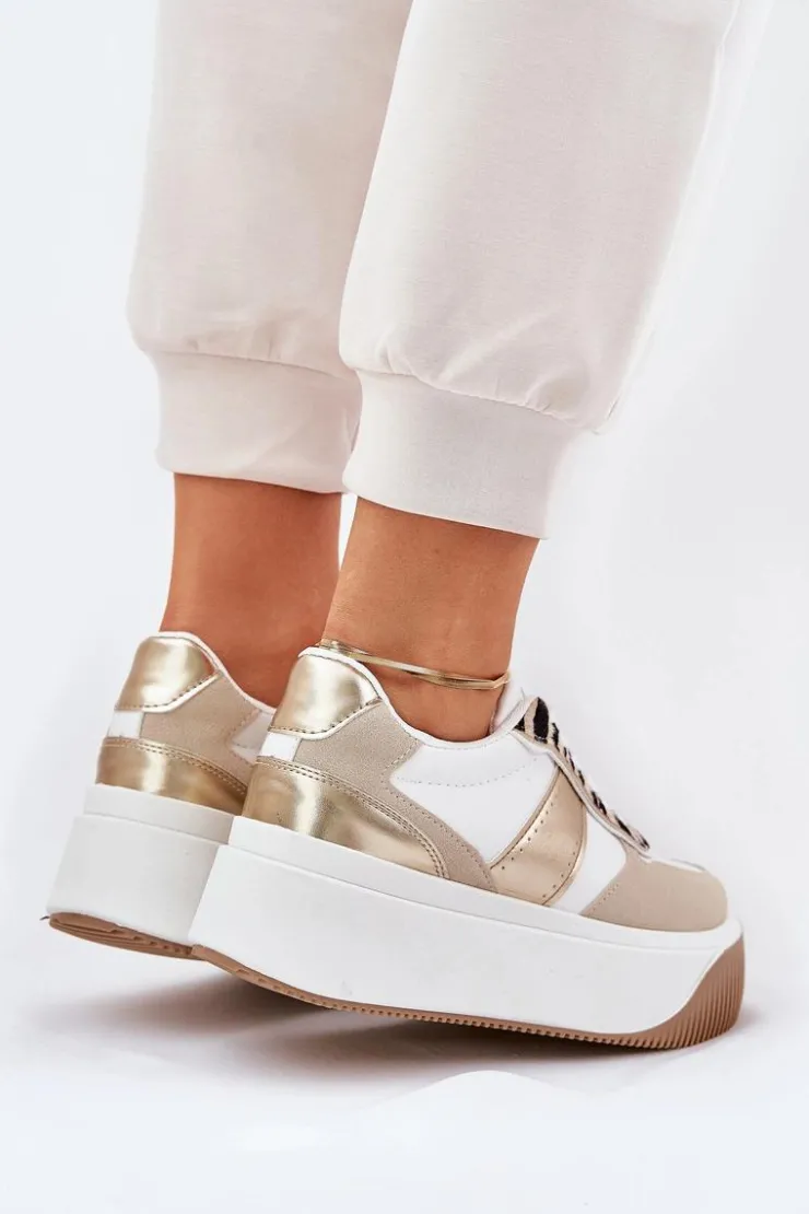 Damskie Boto Sneakersy Damskie Na Masywnej Platformie Zwierzęcy Wzór Beżowo-Złote Telanila