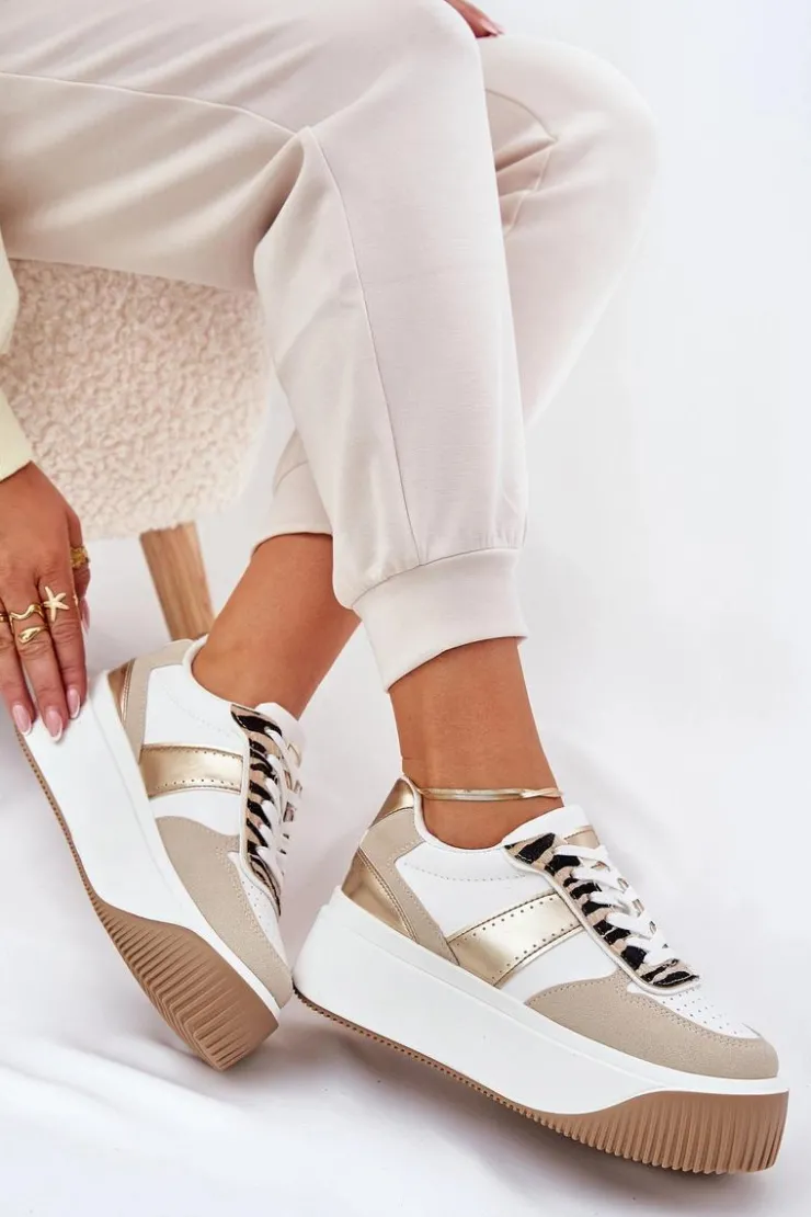 Damskie Boto Sneakersy Damskie Na Masywnej Platformie Zwierzęcy Wzór Beżowo-Złote Telanila