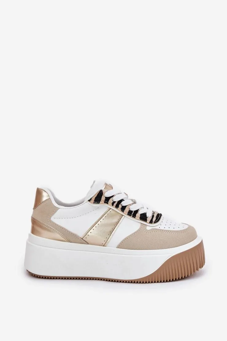Damskie Boto Sneakersy Damskie Na Masywnej Platformie Zwierzęcy Wzór Beżowo-Złote Telanila