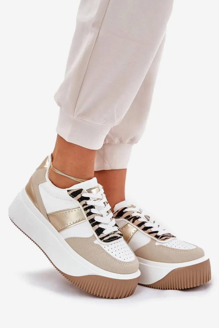 Damskie Boto Sneakersy Damskie Na Masywnej Platformie Zwierzęcy Wzór Beżowo-Złote Telanila