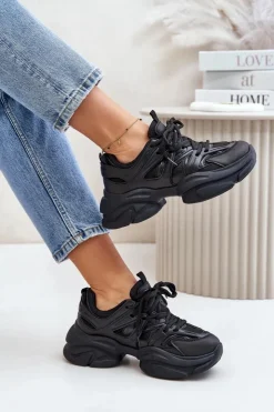 Boto Sneakersy Damskie*Sneakersy Damskie Na Masywnej Podeszwie Czarne Amoserna