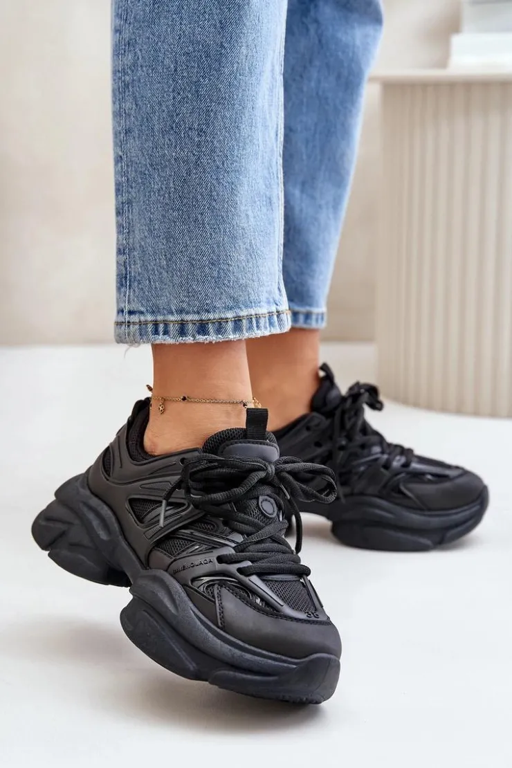 Boto Sneakersy Damskie*Sneakersy Damskie Na Masywnej Podeszwie Czarne Amoserna