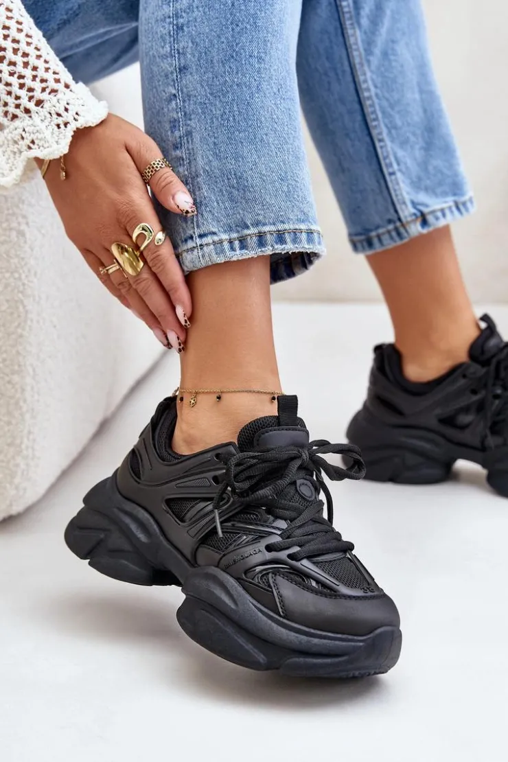 Boto Sneakersy Damskie*Sneakersy Damskie Na Masywnej Podeszwie Czarne Amoserna