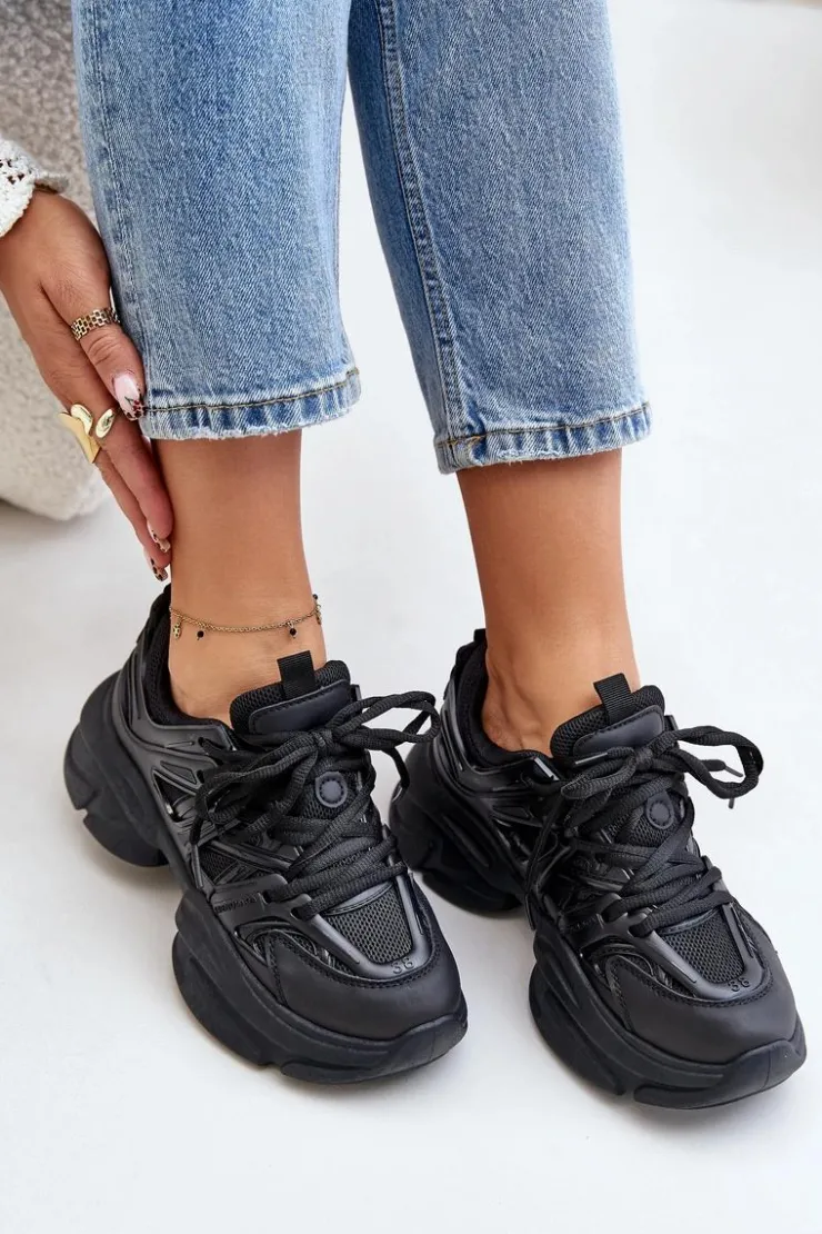 Boto Sneakersy Damskie*Sneakersy Damskie Na Masywnej Podeszwie Czarne Amoserna