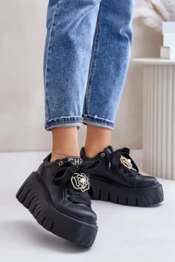 Damskie CheBello Sneakersy Damskie Na Masywnej Podeszwie Ze Złotą Ozdobą 4530 Czarne