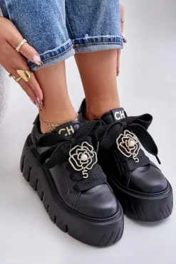 Damskie CheBello Sneakersy Damskie Na Masywnej Podeszwie Ze Złotą Ozdobą 4530 Czarne