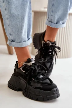 Boto Sneakersy Damskie*Sneakersy Damskie Na Masywnej Podeszwie Czarne Nevela