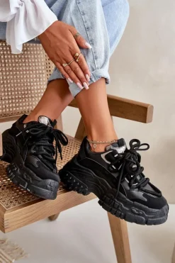 Boto Sneakersy Damskie*Sneakersy Damskie Na Masywnej Podeszwie Czarne Nevela