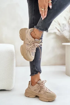 Damskie Boto Sneakersy Damskie Na Masywnej Podeszwie Beżowe Amoserna