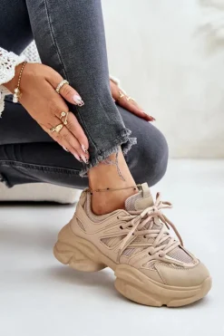 Damskie Boto Sneakersy Damskie Na Masywnej Podeszwie Beżowe Amoserna