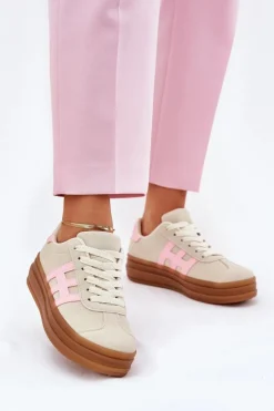 Evento Sneakersy Damskie*Sneakersy Damskie Na Platformie Beżowe Syliyana Beżowy