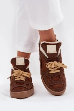 Best Boto Sneakersy Damskie Na Platformie Ocieplane Futerkiem Brązowe Solvia Brązowy