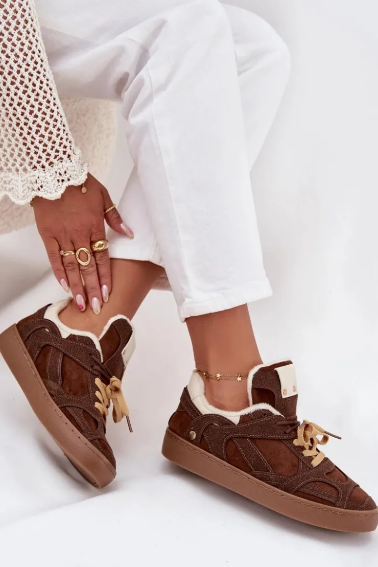 Best Boto Sneakersy Damskie Na Platformie Ocieplane Futerkiem Brązowe Solvia Brązowy