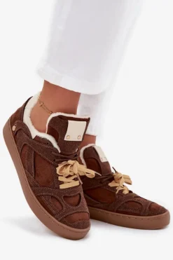 Best Boto Sneakersy Damskie Na Platformie Ocieplane Futerkiem Brązowe Solvia Brązowy