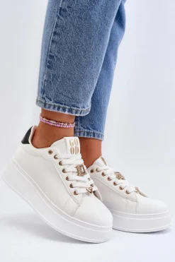New Boto Sneakersy Damskie Na Platformie Z Ozdobami Białe Herbisa