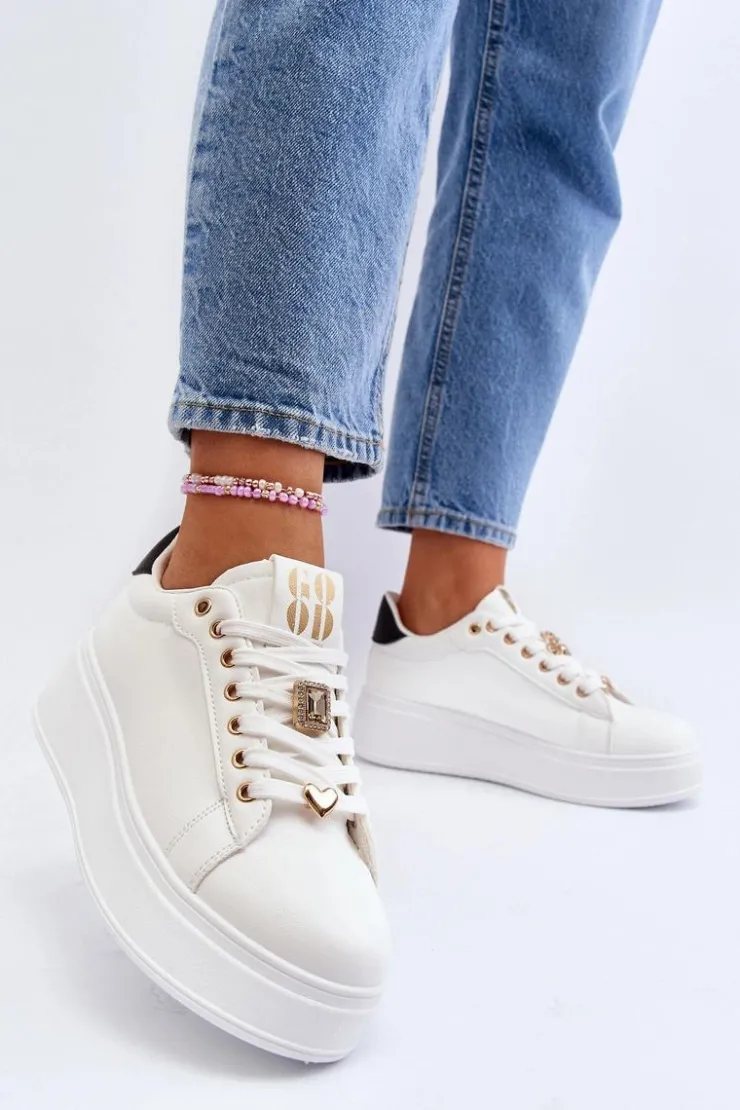 New Boto Sneakersy Damskie Na Platformie Z Ozdobami Białe Herbisa